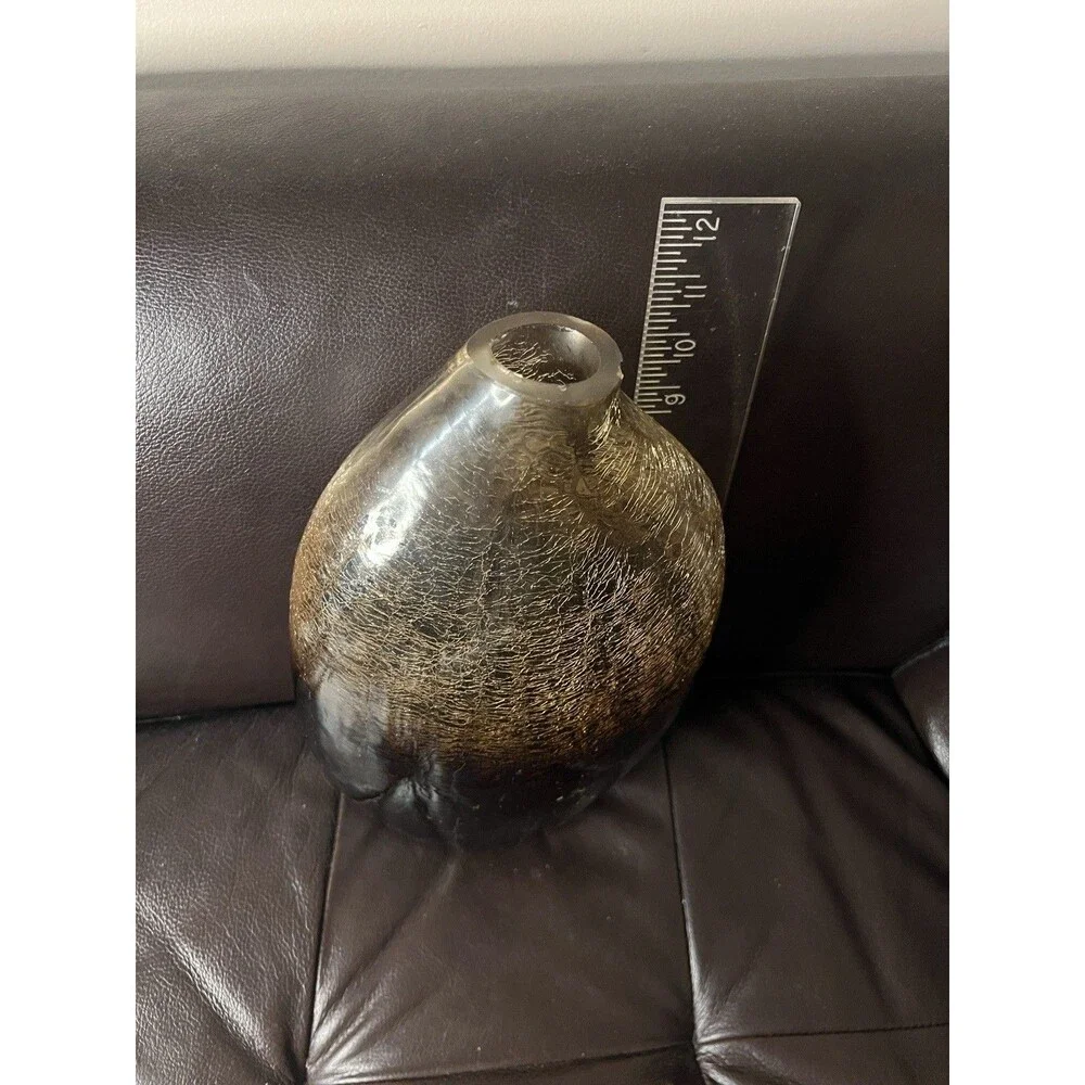 Italian Hand Blown Vase Murano Style 12” Amber Crackle Heavy Vintage